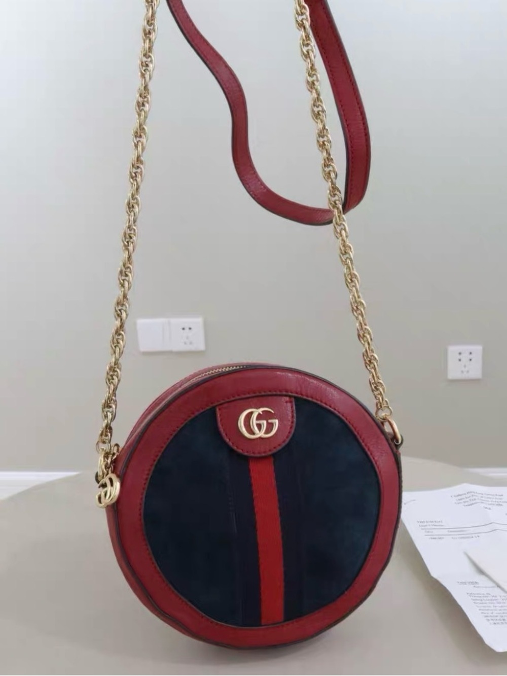 Gucci Red and Navy Round Leather Crossbody with Gold Chain